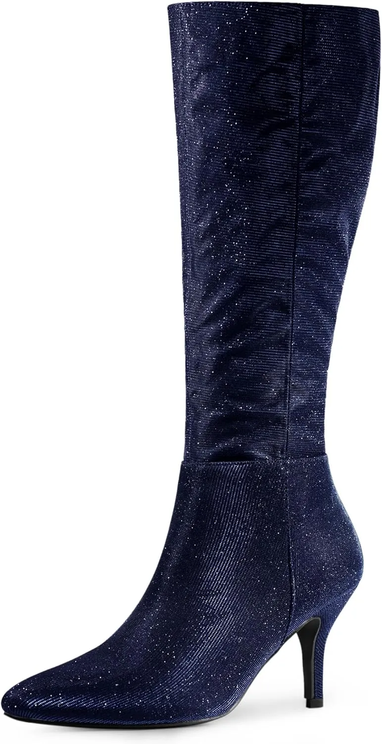 Allegra K Women's Sparkle Glitter Pointy Toe Stiletto Heel Knee High Boots