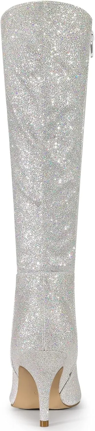 Allegra K Women's Sparkle Glitter Pointy Toe Stiletto Heel Knee High Boots