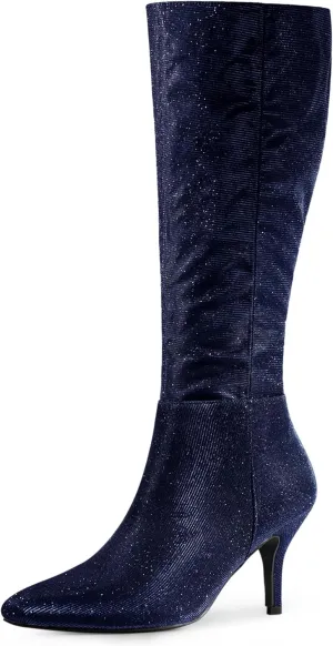 Allegra K Women's Sparkle Glitter Pointy Toe Stiletto Heel Knee High Boots