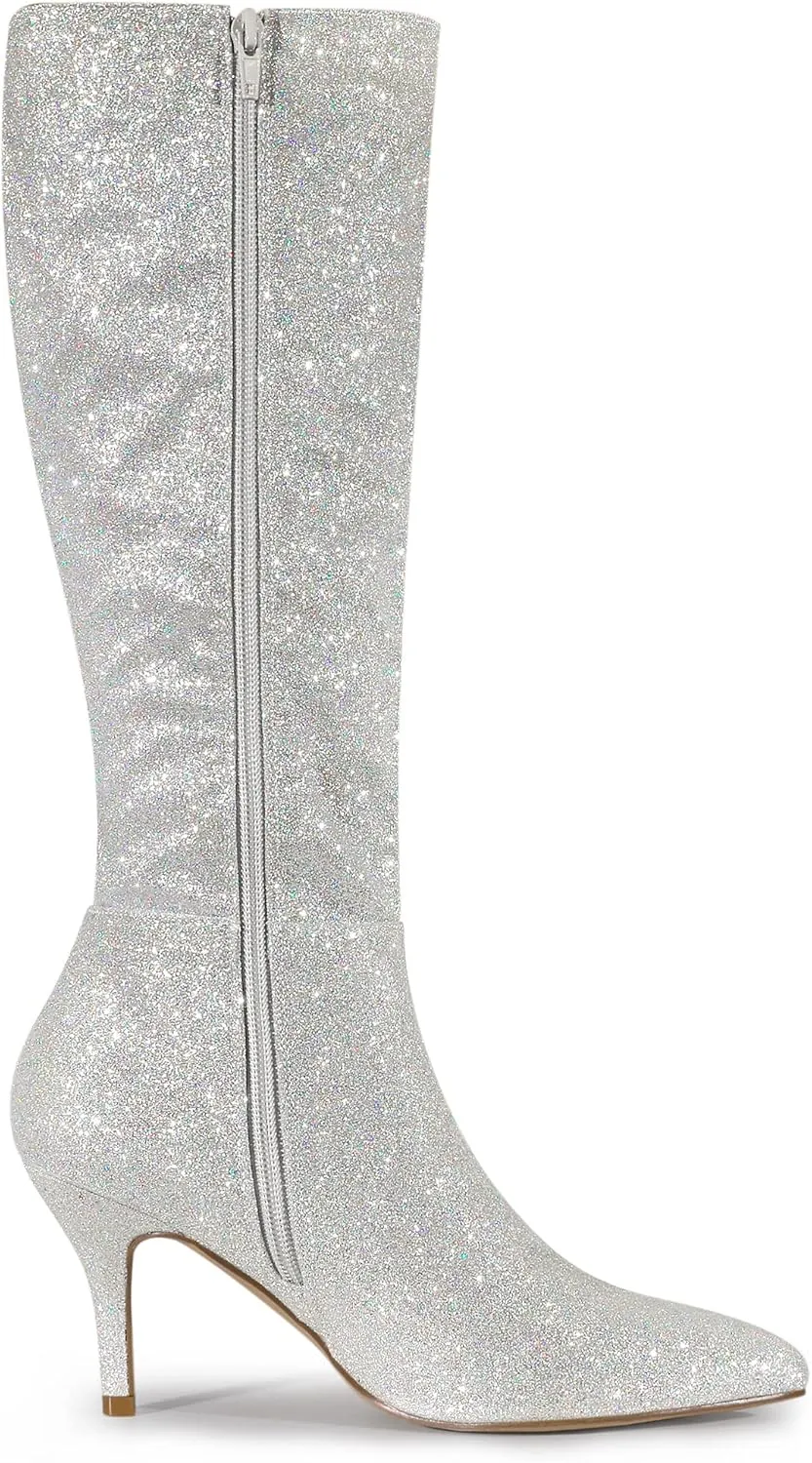 Allegra K Women's Sparkle Glitter Pointy Toe Stiletto Heel Knee High Boots