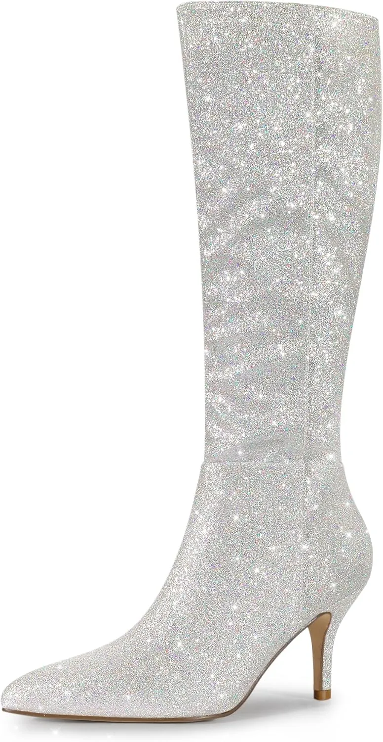 Allegra K Women's Sparkle Glitter Pointy Toe Stiletto Heel Knee High Boots