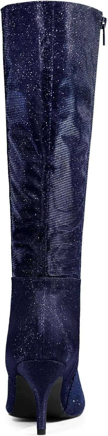 Allegra K Women's Sparkle Glitter Pointy Toe Stiletto Heel Knee High Boots
