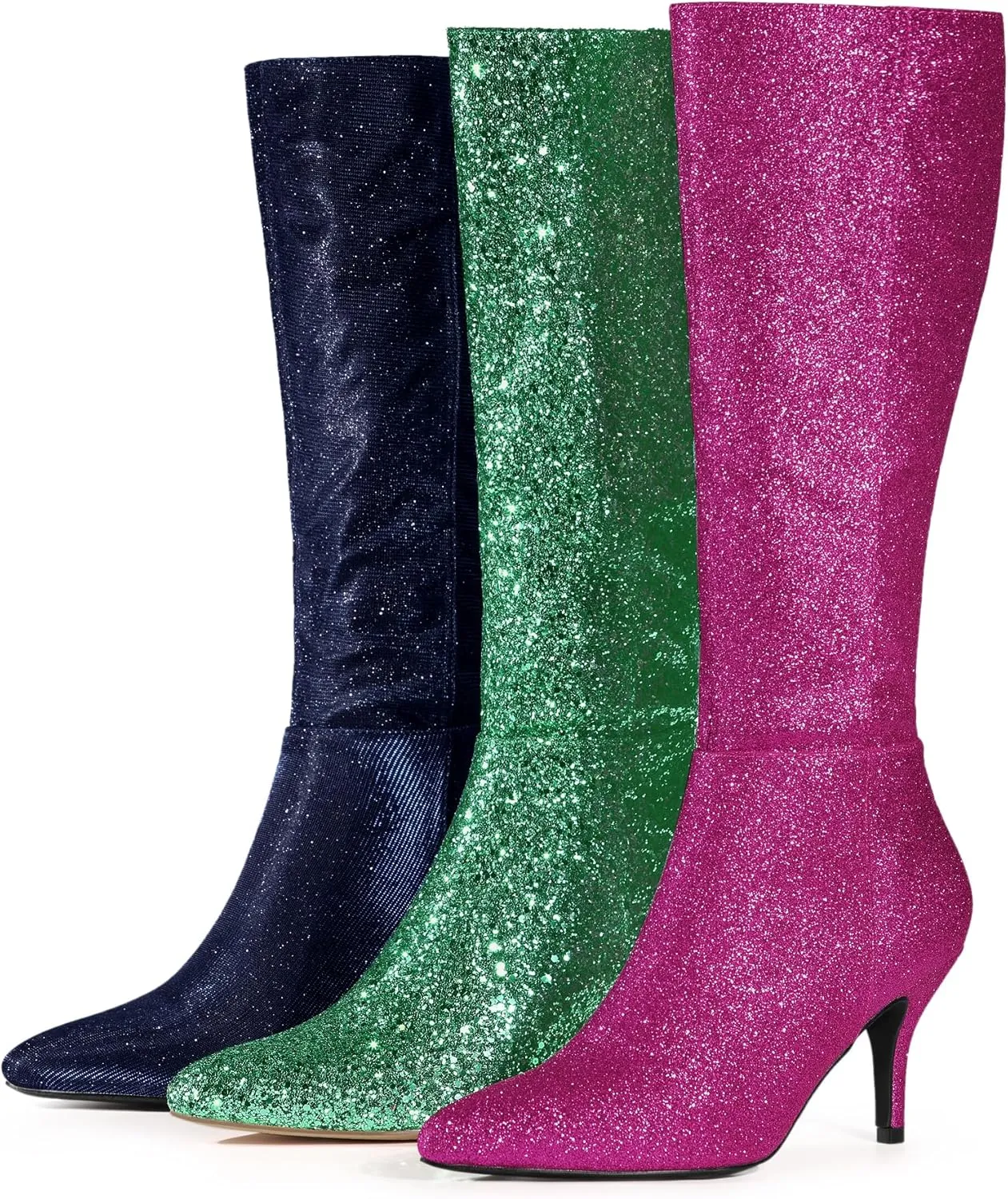 Allegra K Women's Sparkle Glitter Pointy Toe Stiletto Heel Knee High Boots
