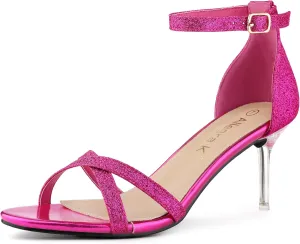 Allegra K Women's Sparkly Glitter Ankle Straps Stiletto Clear Heels Sandals