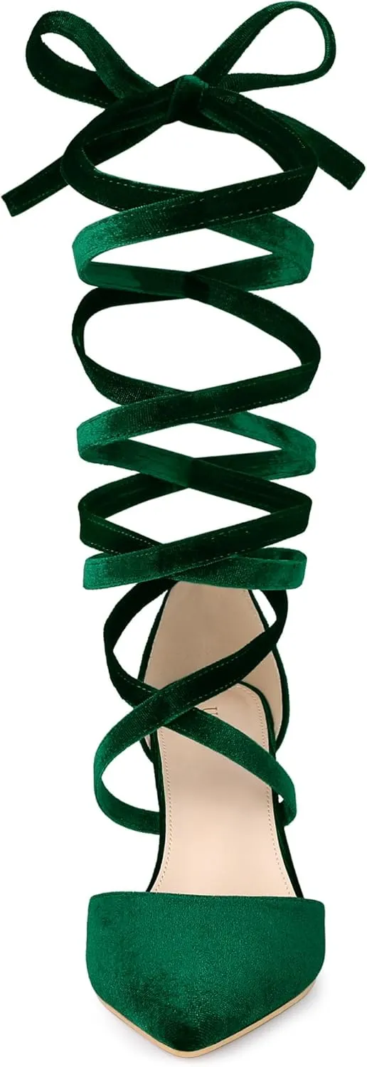 Allegra K Women's Velvet Lace Up Chunky Heels Pointed Toe Pumps