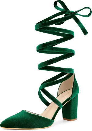 Allegra K Women's Velvet Lace Up Chunky Heels Pointed Toe Pumps