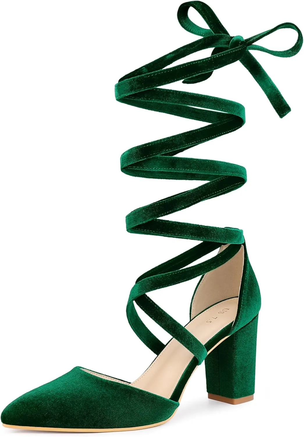 Allegra K Women's Velvet Lace Up Chunky Heels Pointed Toe Pumps