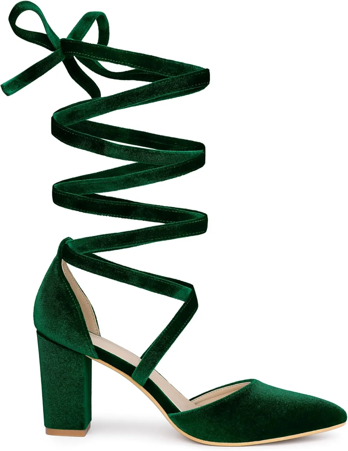 Allegra K Women's Velvet Lace Up Chunky Heels Pointed Toe Pumps