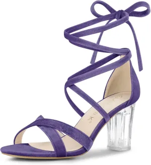 Allegra K Women's Velvet Lace Up Clear Heels Block Heel Sandals