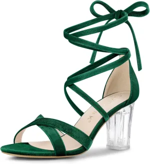 Allegra K Women's Velvet Lace Up Clear Heels Block Heel Sandals