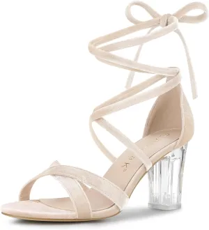 Allegra K Women's Velvet Lace Up Clear Heels Block Heel Sandals