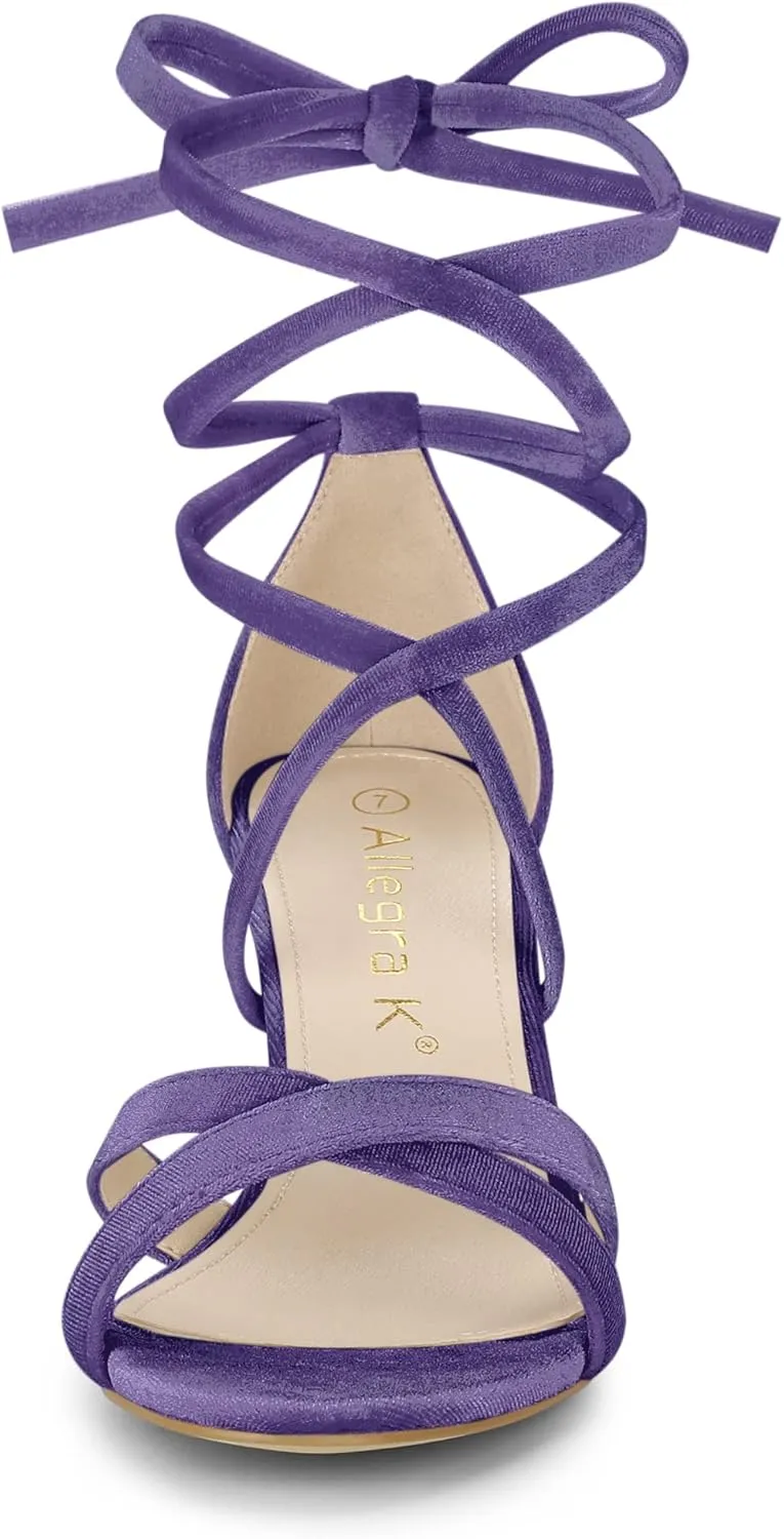 Allegra K Women's Velvet Lace Up Clear Heels Block Heel Sandals