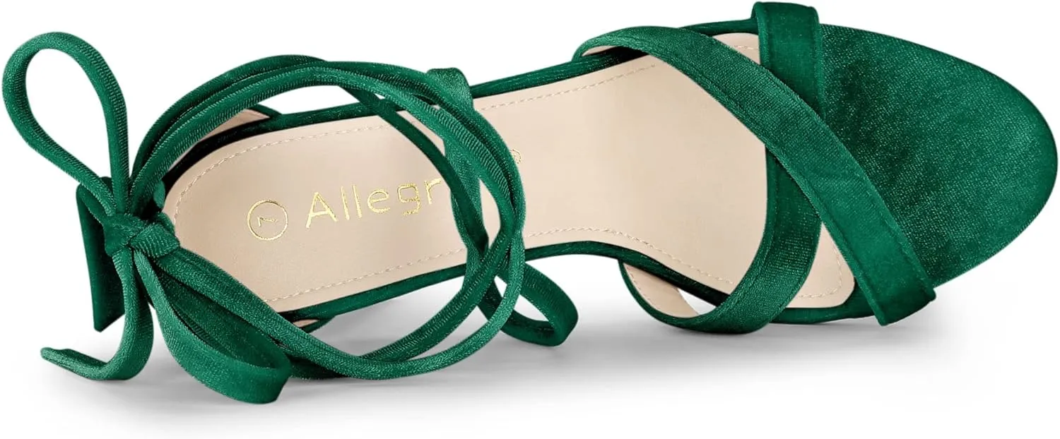 Allegra K Women's Velvet Lace Up Clear Heels Block Heel Sandals