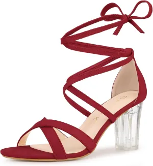 Allegra K Women's Velvet Lace Up Clear Heels Block Heel Sandals