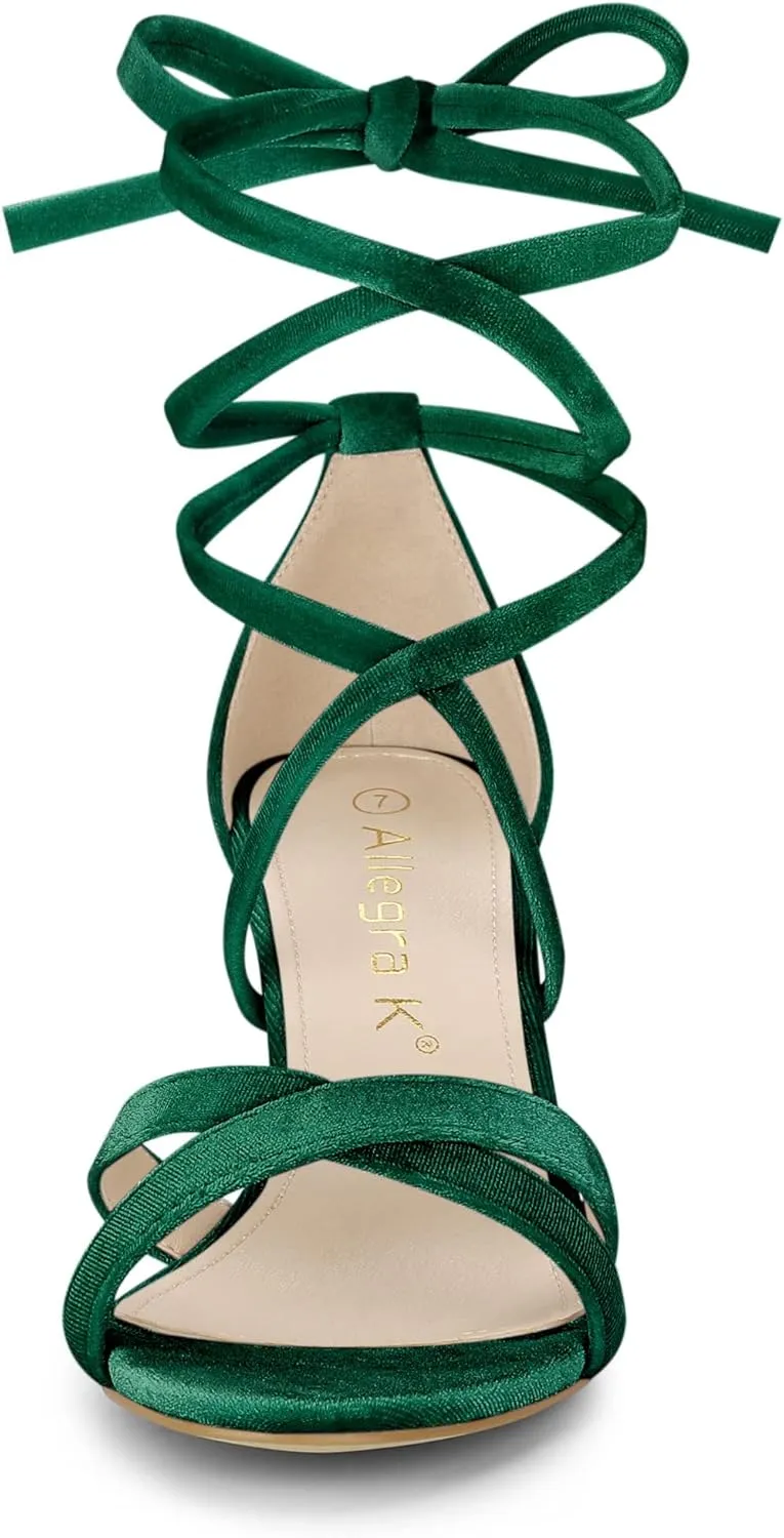 Allegra K Women's Velvet Lace Up Clear Heels Block Heel Sandals