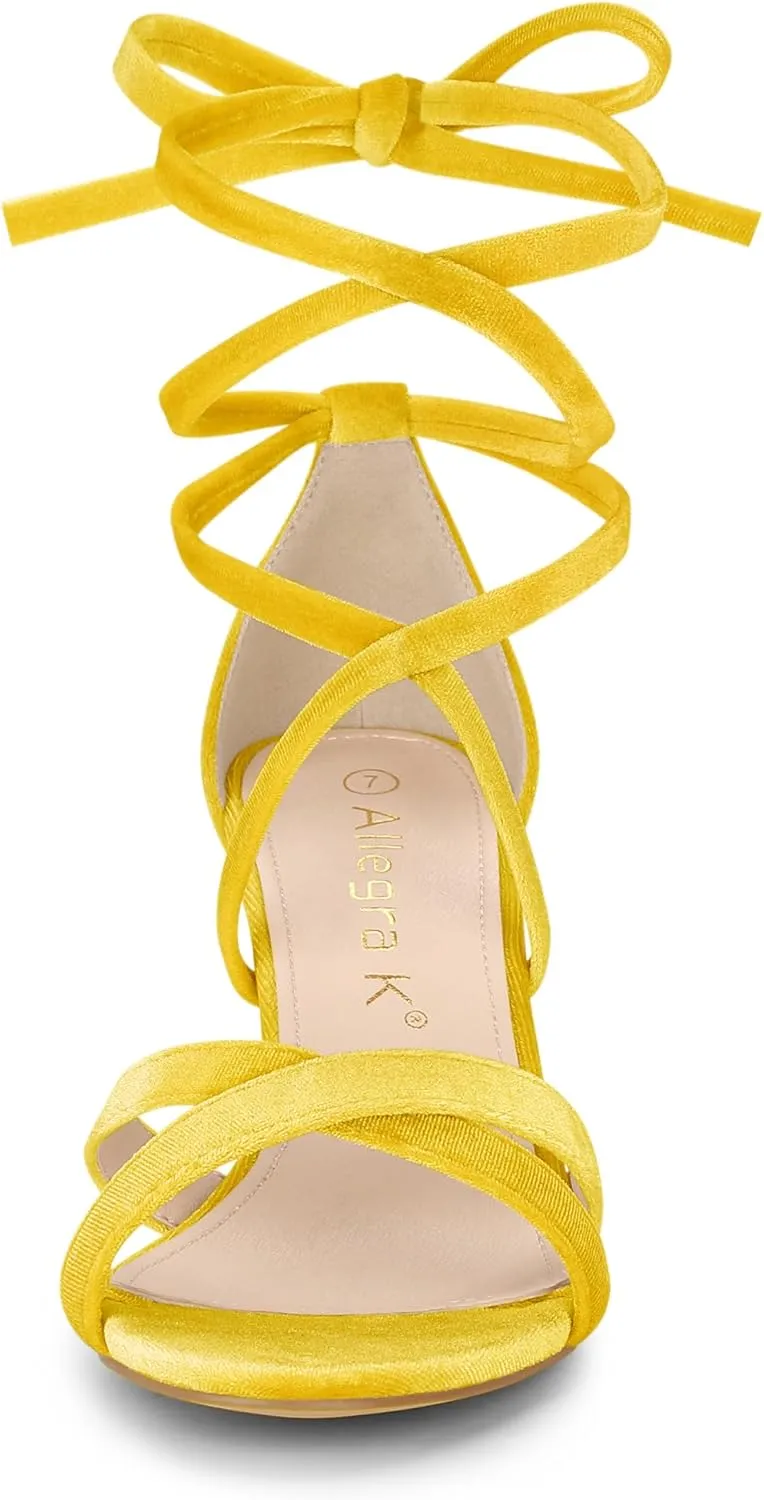 Allegra K Women's Velvet Lace Up Clear Heels Block Heel Sandals