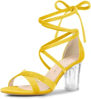 Allegra K Women's Velvet Lace Up Clear Heels Block Heel Sandals