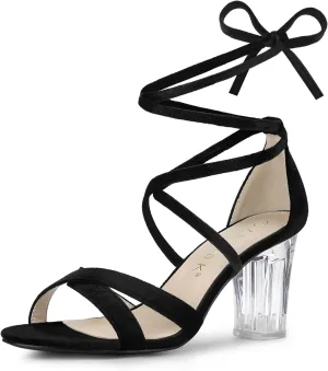 Allegra K Women's Velvet Lace Up Clear Heels Block Heel Sandals