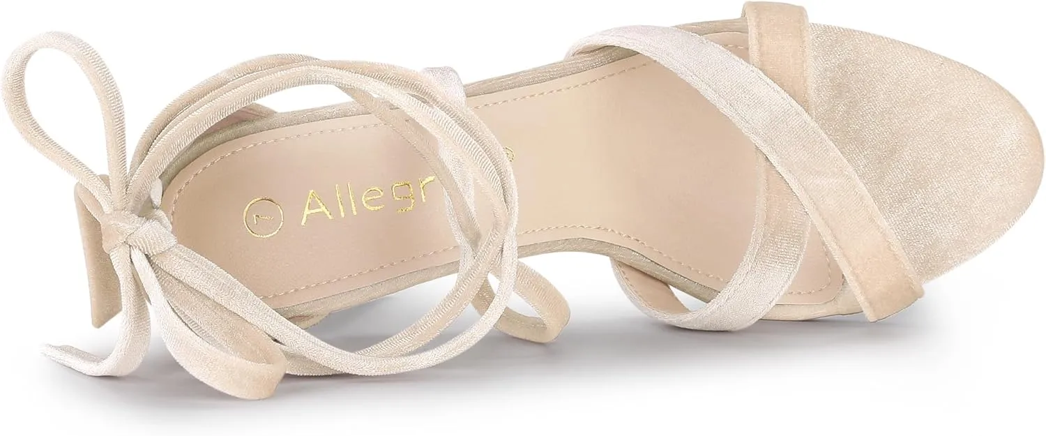 Allegra K Women's Velvet Lace Up Clear Heels Block Heel Sandals