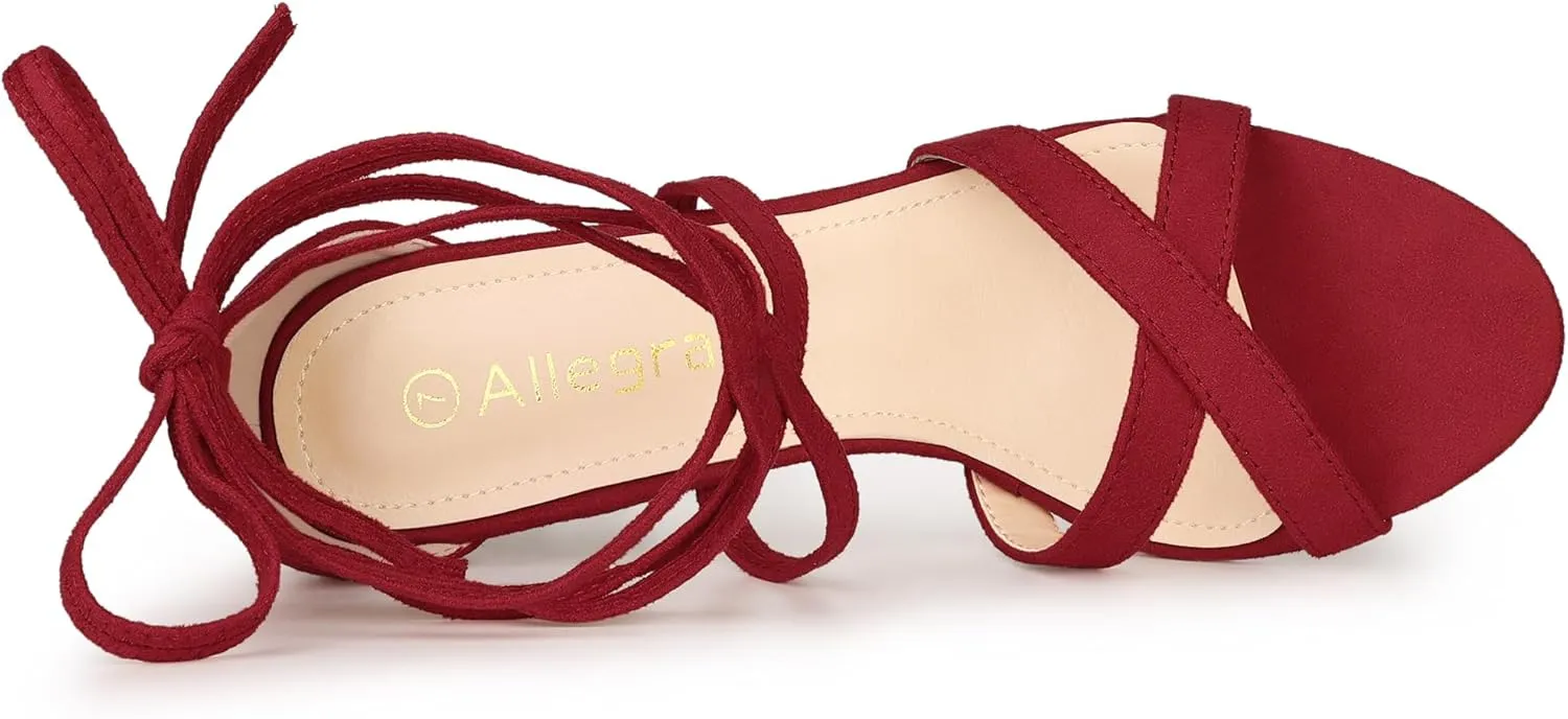 Allegra K Women's Velvet Lace Up Clear Heels Block Heel Sandals