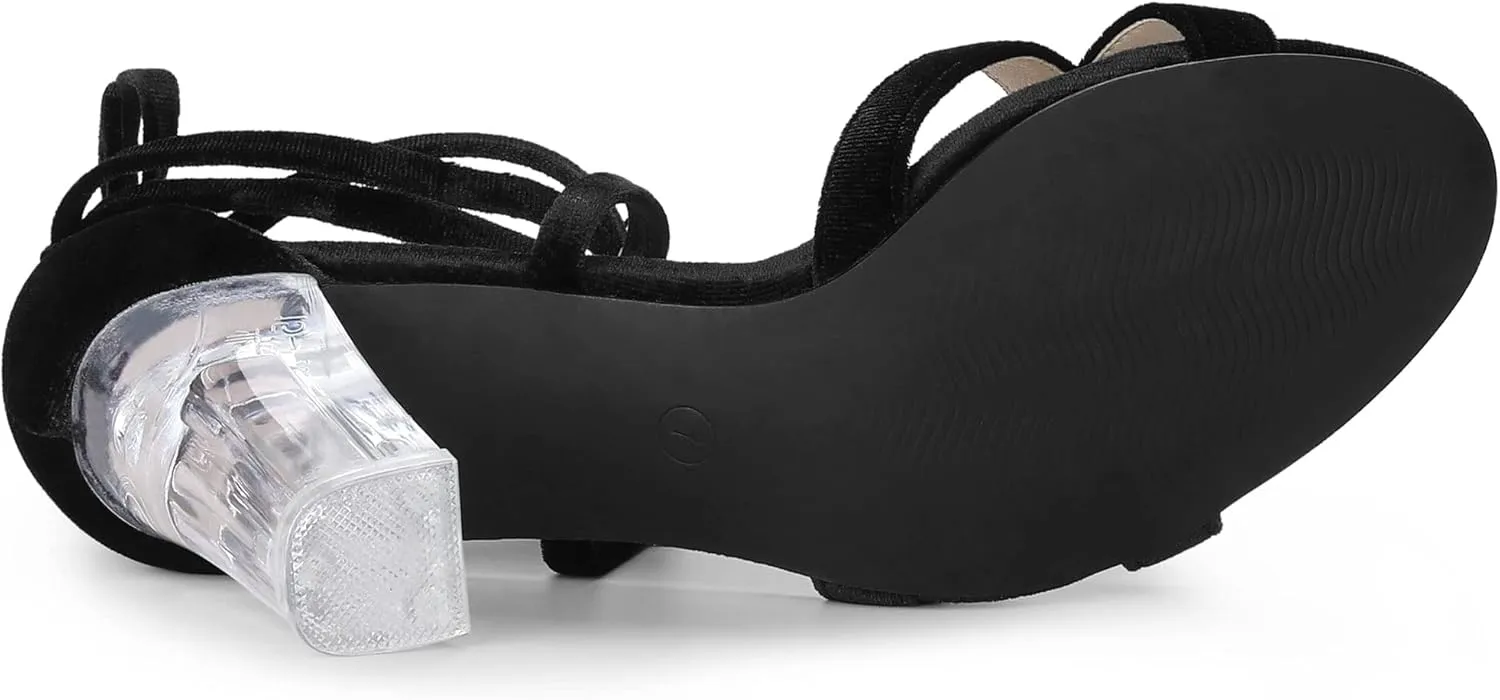 Allegra K Women's Velvet Lace Up Clear Heels Block Heel Sandals