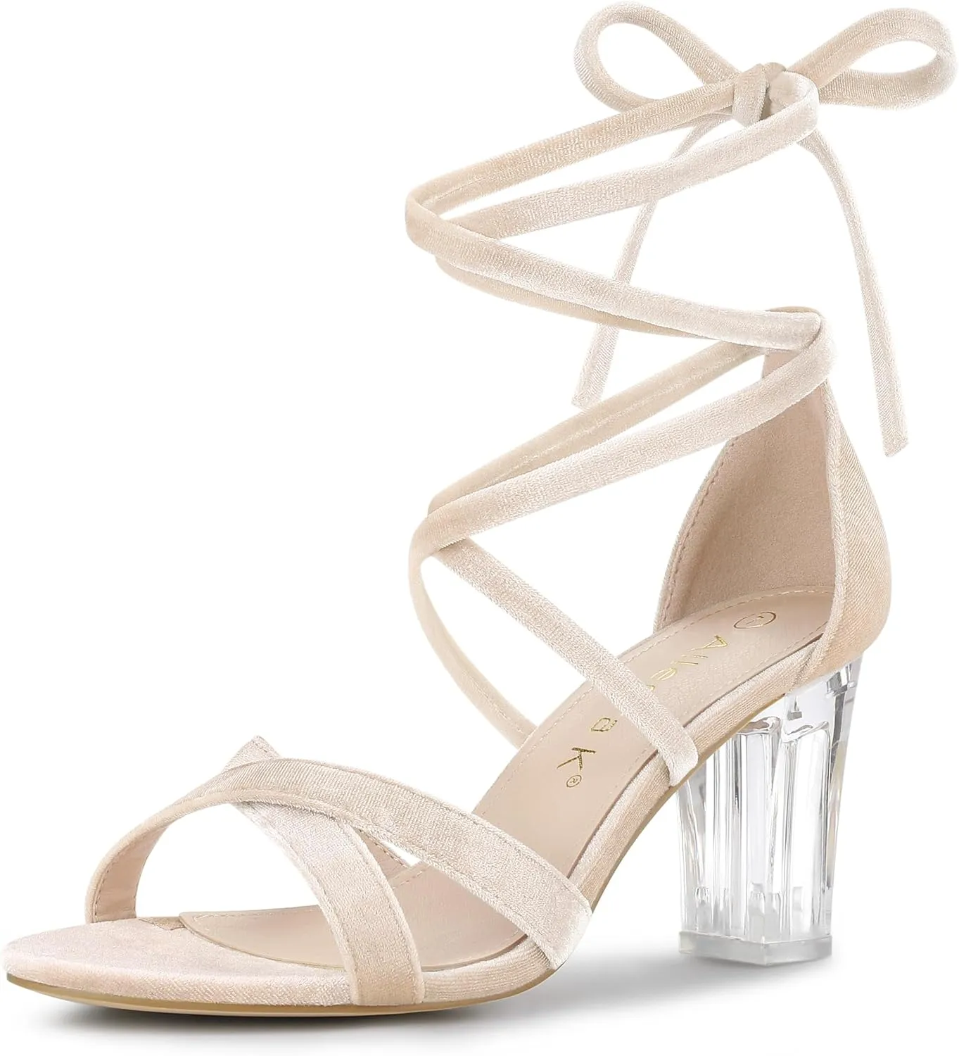 Allegra K Women's Velvet Lace Up Clear Heels Block Heel Sandals