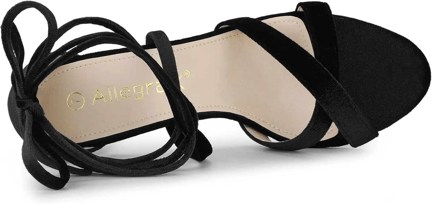 Allegra K Women's Velvet Lace Up Clear Heels Block Heel Sandals