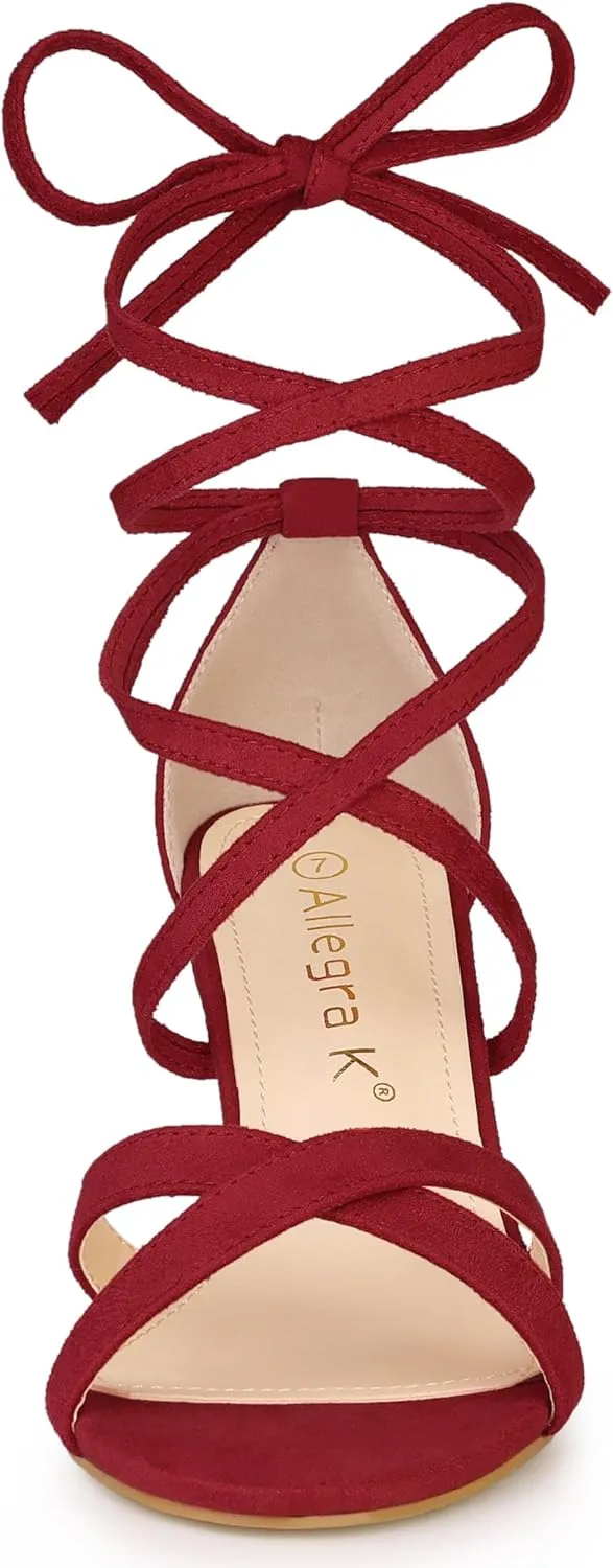 Allegra K Women's Velvet Lace Up Clear Heels Block Heel Sandals
