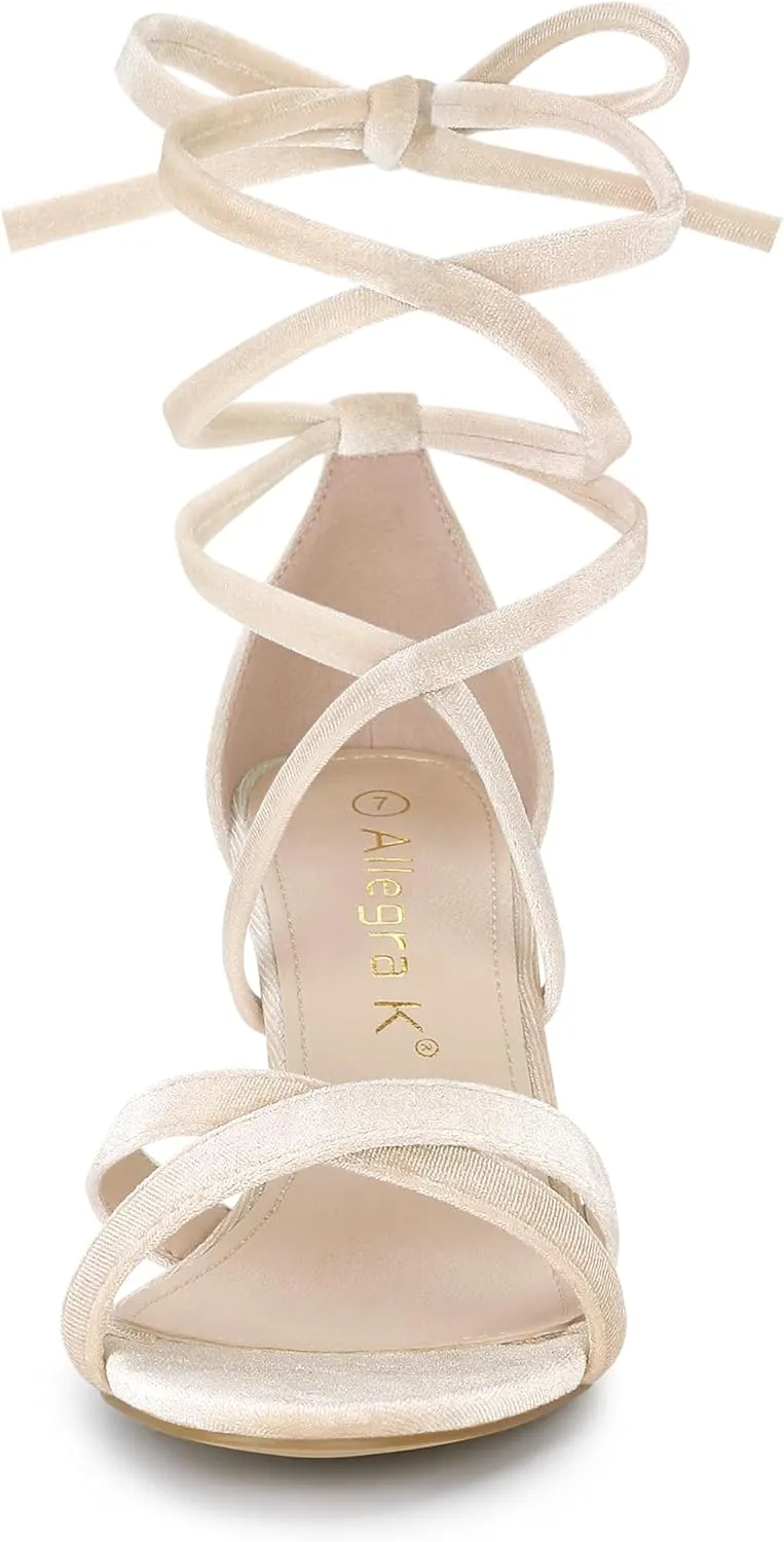 Allegra K Women's Velvet Lace Up Clear Heels Block Heel Sandals