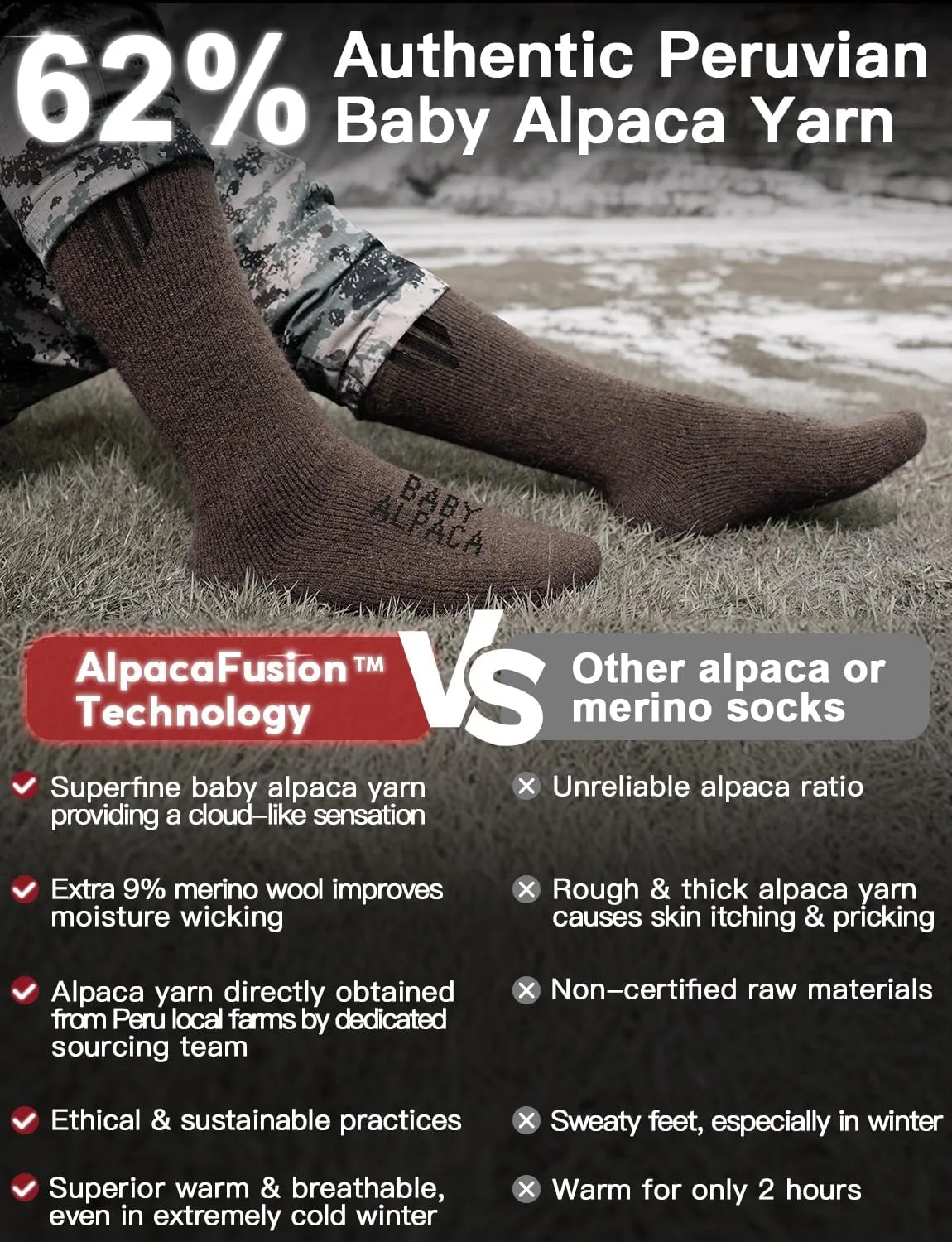 Alpaca Wool Boot Socks 2 pairs for Men and Women,Thick Thermal Winter Socks Cold Weather Hunting Hiking,Moisture Wicking