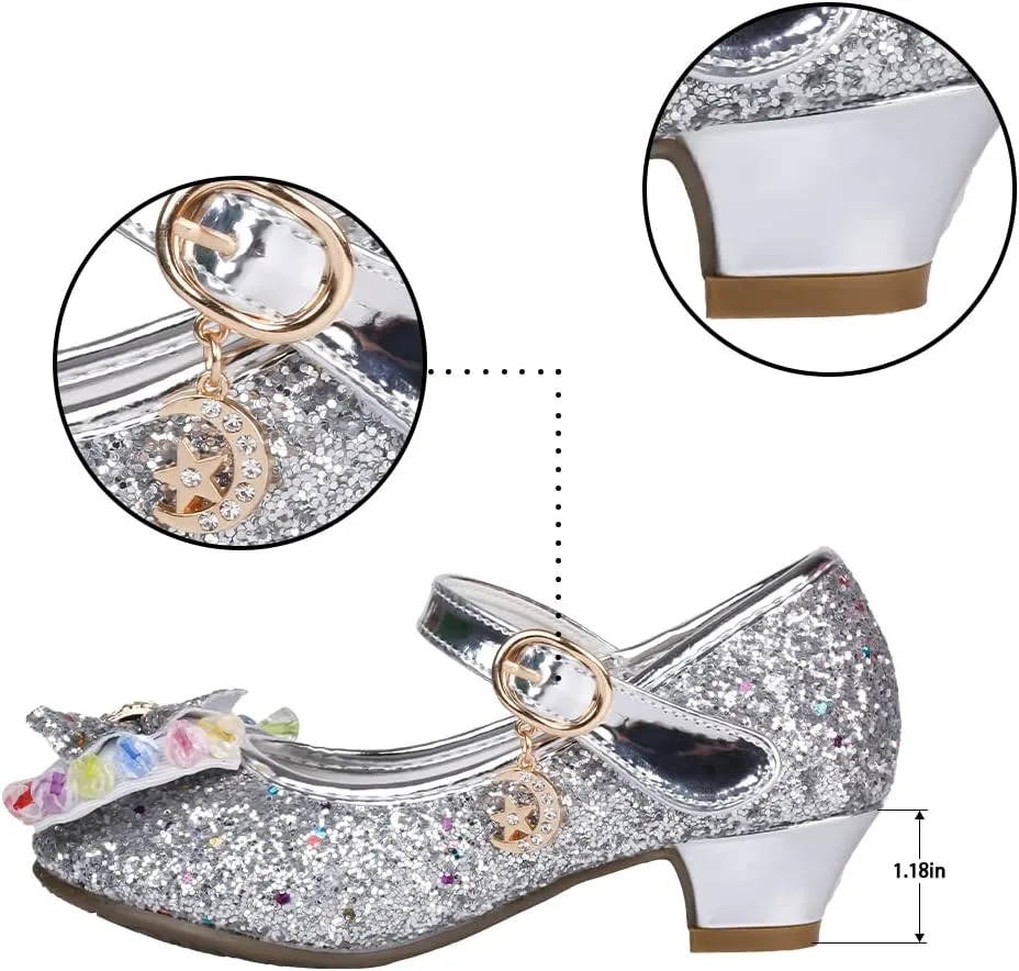 Amtidy Girls Dress Shoes Mary Jane Wedding Party Shoes Glitter Bridesmaids Princess Heels