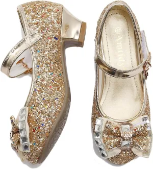Amtidy Girls Dress Shoes Mary Jane Wedding Party Shoes Glitter Bridesmaids Princess Heels