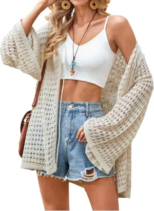 Angashion Women's Crochet Cardigan Sweaters Lightweight Knitted Long Batwing Sleeve Hollow Out Tie Front Boho Beach Cover Up