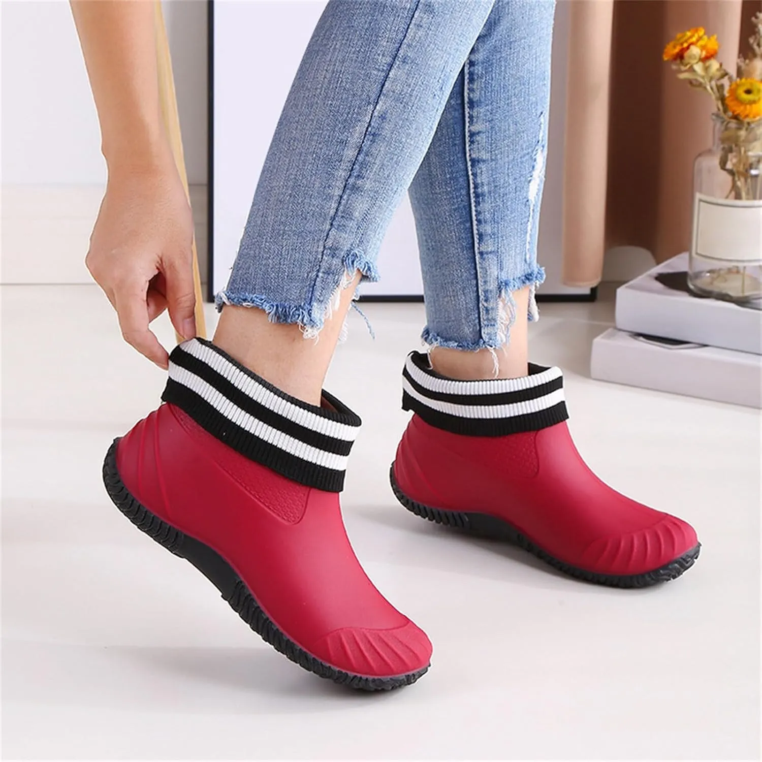 Ankle Rain Boots Women Knit Lined Mens Grounded Footwear Booties with Heel Non Slip Work Barefoot Shoes Mens Rain Boots Slip On Non-Slip Rubber Waterproof Men's Snow Boots