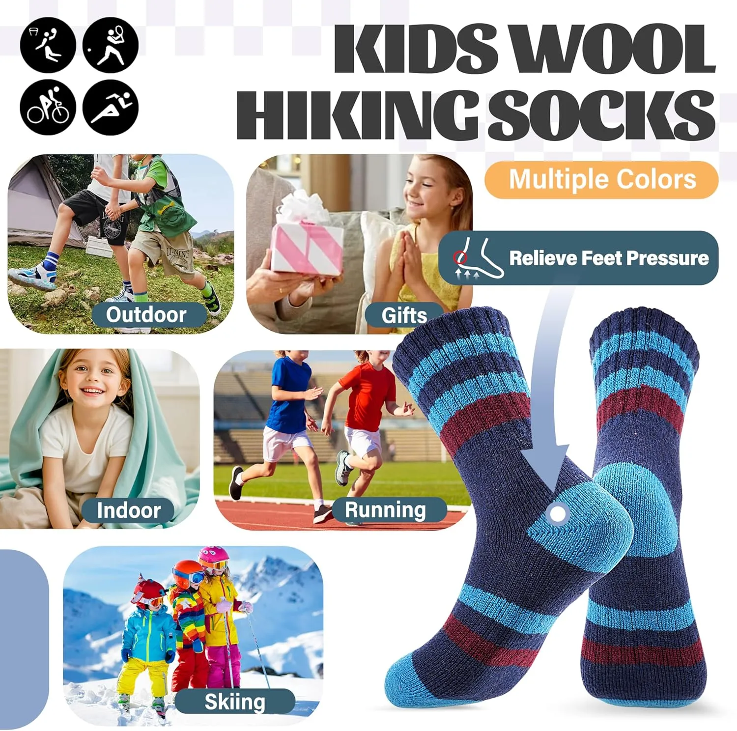 Anlisim Kids Merino Wool Hiking Socks Boys Girls Toddlers Thermal Winter Warm Boot Thick Cushion Gift Socks 6 Pairs