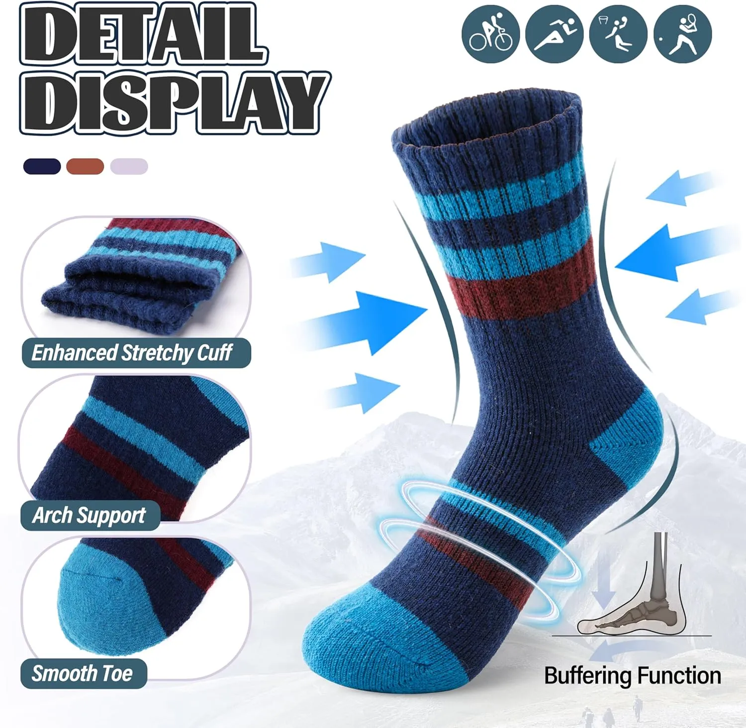 Anlisim Kids Merino Wool Hiking Socks Boys Girls Toddlers Thermal Winter Warm Boot Thick Cushion Gift Socks 6 Pairs
