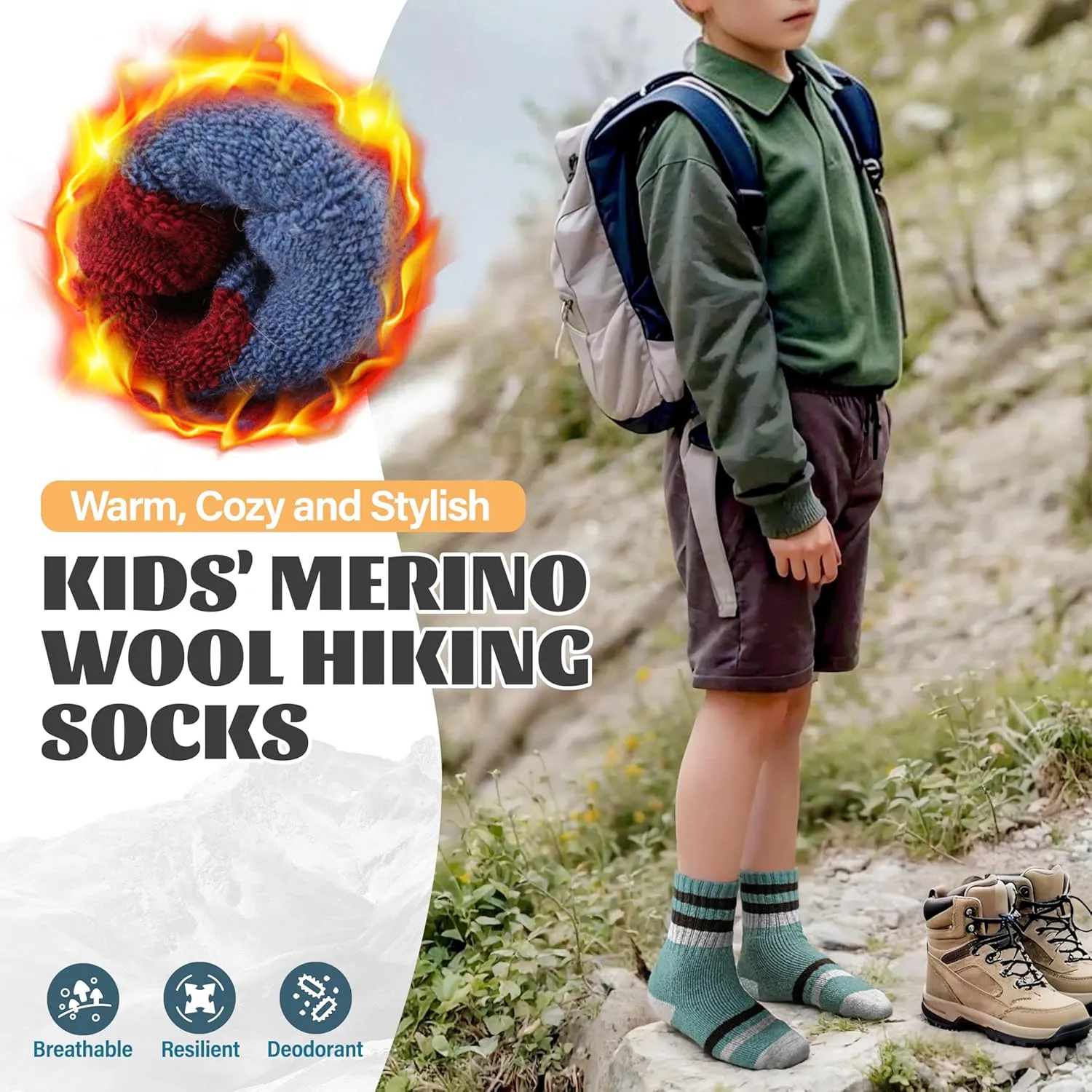 Anlisim Kids Merino Wool Hiking Socks Boys Girls Toddlers Thermal Winter Warm Boot Thick Cushion Gift Socks 6 Pairs