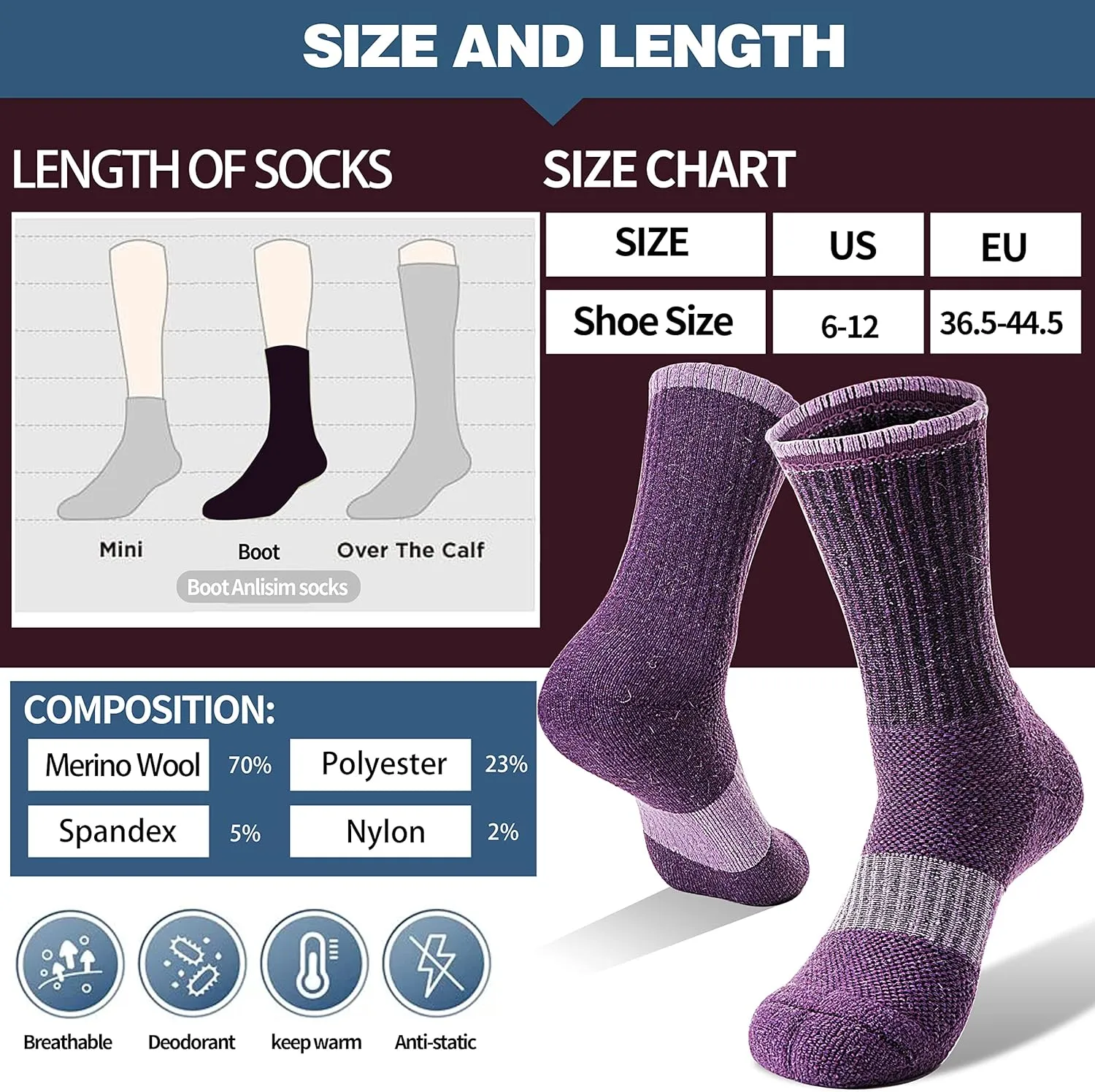 Anlisim Merino Wool Hiking Socks for Women Thermal Winter Warm Boot Work Cushion Socks 5 Pairs