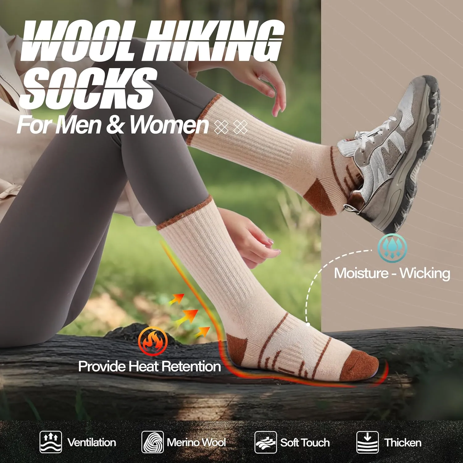ANTSANG 5 Pairs Merino Wool Hiking Socks for Men & Women Thermal Winter Warm Moisture Wicking Cushion Boot Socks