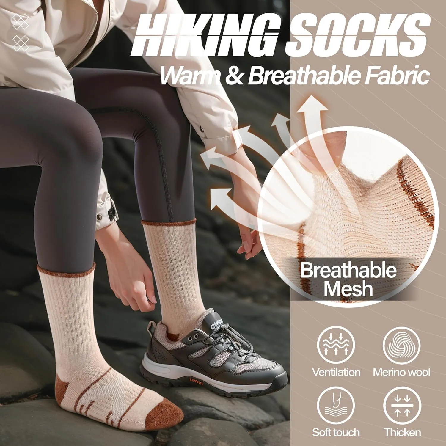 ANTSANG 5 Pairs Merino Wool Hiking Socks for Men & Women Thermal Winter Warm Moisture Wicking Cushion Boot Socks