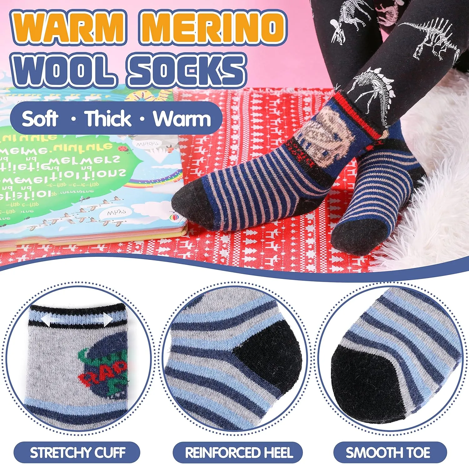 ANTSANG Kids Wool Hiking Socks Winter Warm Thick Thermal Crew Boot Heavy Cozy Gift Snowboarding Socks 6 Pairs