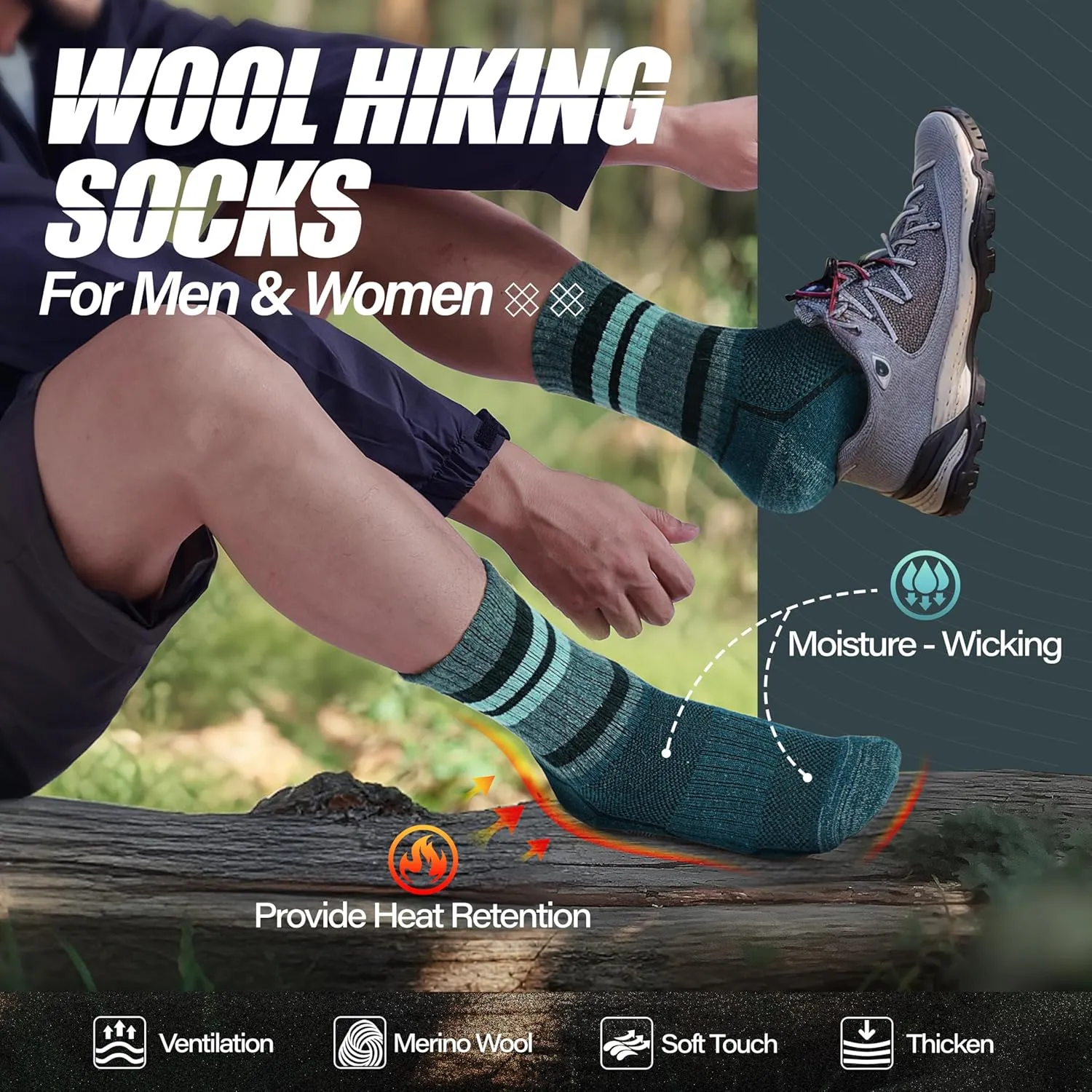 ANTSANG Merino Wool Hiking Socks for Men & Women 5 Pairs Thermal Warm Winter Thick Cushion Moisture Wicking Crew Boot Socks