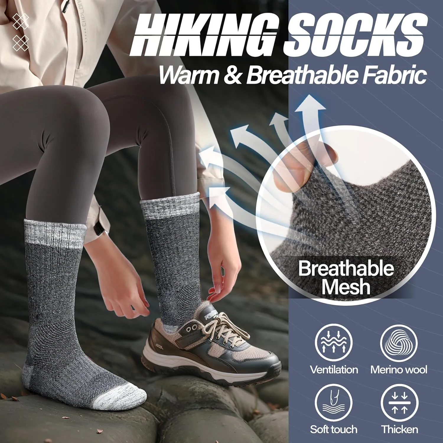ANTSANG Merino Wool Hiking Socks for Men & Women 5 Pairs Thermal Warm Winter Thick Cushion Moisture Wicking Crew Boot Socks