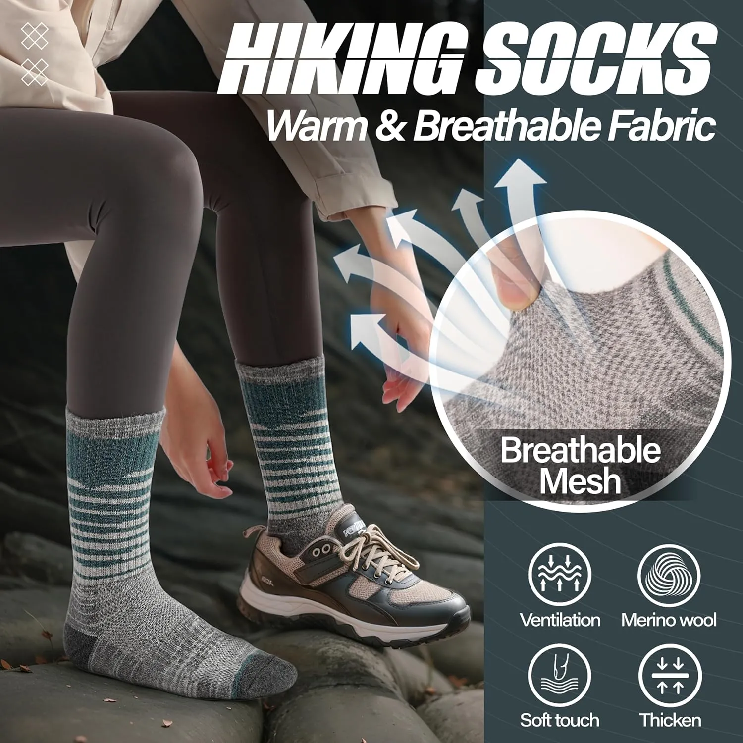 ANTSANG Merino Wool Hiking Socks for Men & Women 5 Pairs Thermal Warm Winter Thick Cushion Moisture Wicking Crew Boot Socks