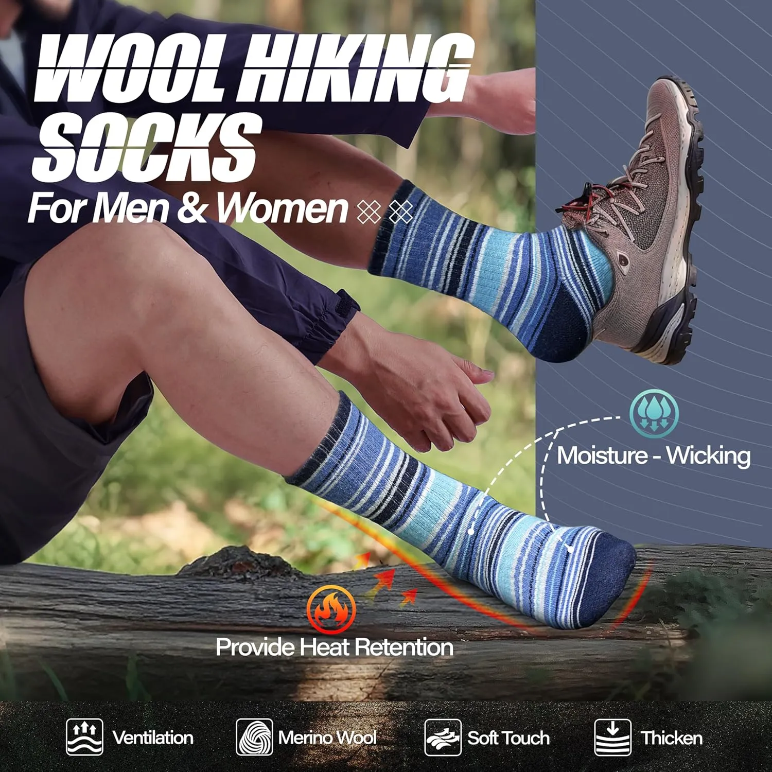 ANTSANG Merino Wool Hiking Socks for Men & Women 5 Pairs Thermal Warm Winter Thick Cushion Moisture Wicking Crew Boot Socks