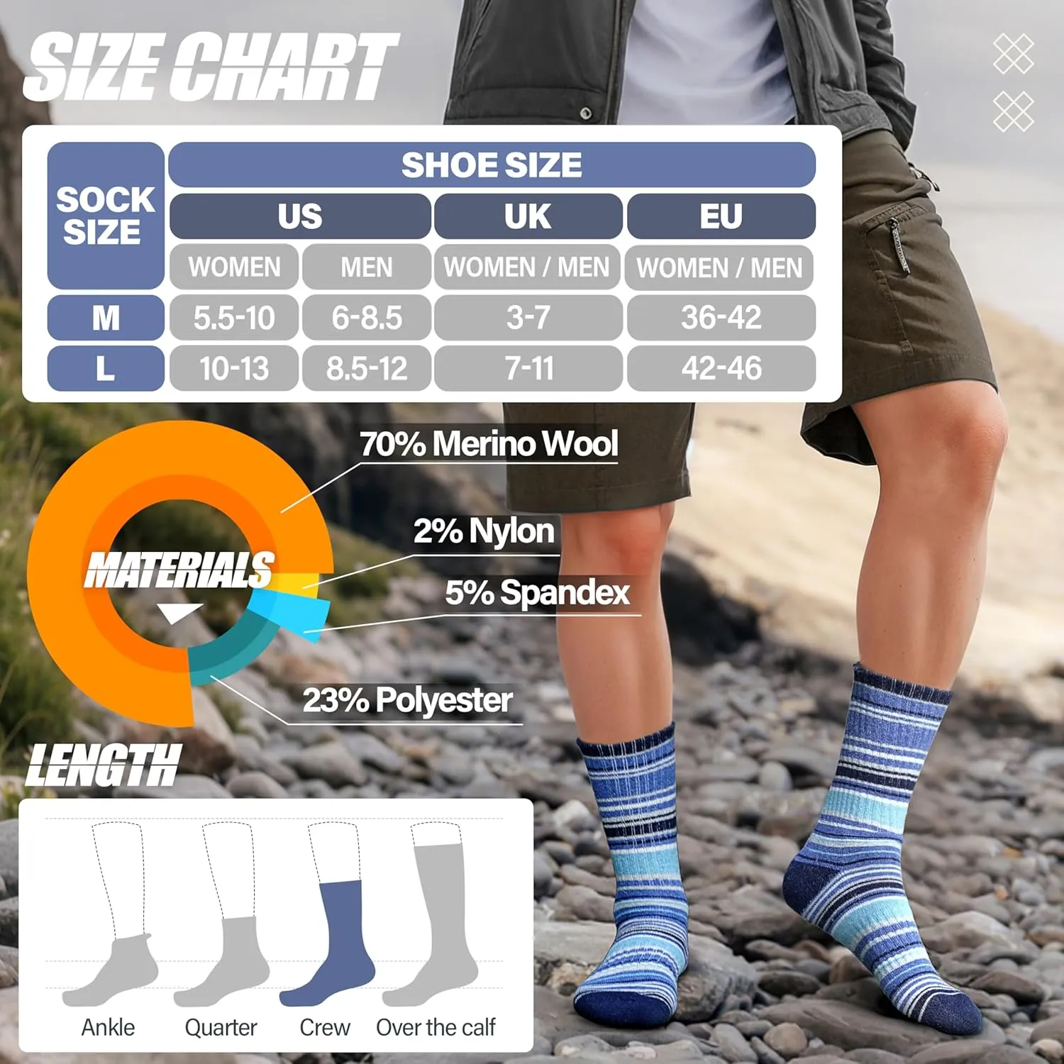 ANTSANG Merino Wool Hiking Socks for Men & Women 5 Pairs Thermal Warm Winter Thick Cushion Moisture Wicking Crew Boot Socks