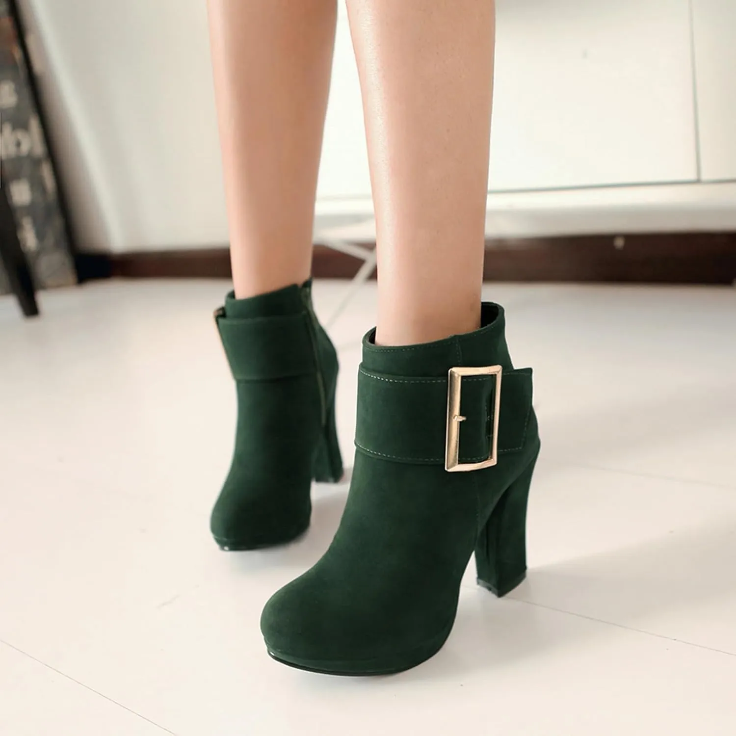 Asterisco Women Block Heel Ankle Boots With Platform High Heel Booties Round Toe Zip Dress Boots Velvet, Size 2-10