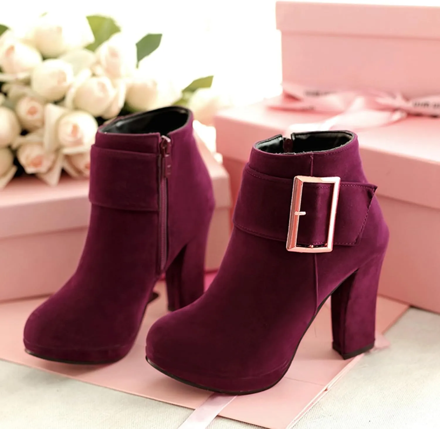 Asterisco Women Block Heel Ankle Boots With Platform High Heel Booties Round Toe Zip Dress Boots Velvet, Size 2-10