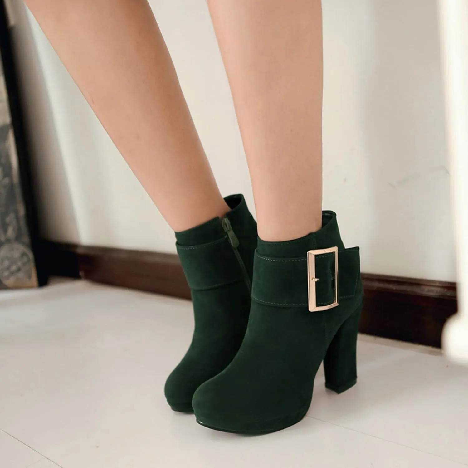 Asterisco Women Block Heel Ankle Boots With Platform High Heel Booties Round Toe Zip Dress Boots Velvet, Size 2-10