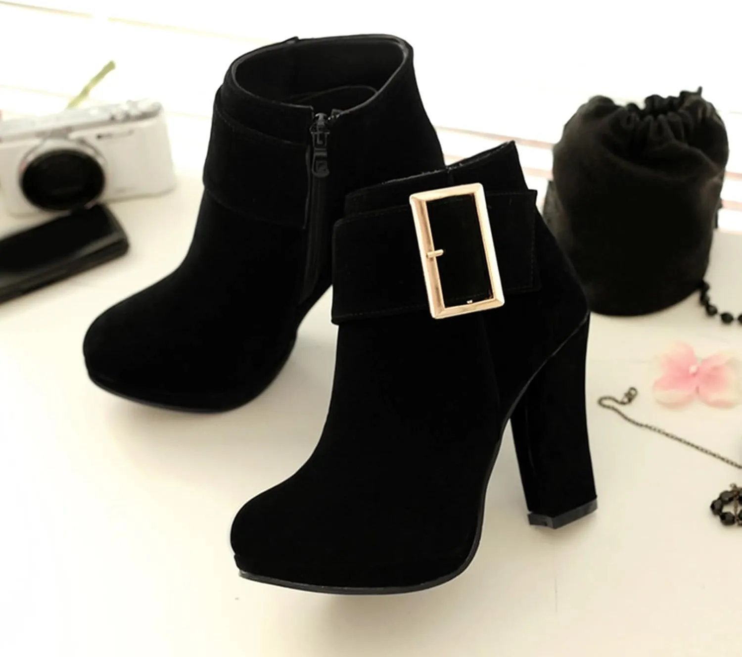 Asterisco Women Block Heel Ankle Boots With Platform High Heel Booties Round Toe Zip Dress Boots Velvet, Size 2-10